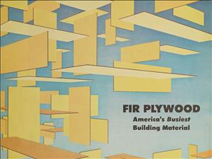 Book cover with yellow rectangles floating at different angles against a blue background. Text reads Fir Plywood America's Busiest Building Material. 